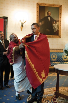 Obama Celebrates Diwali President Barack Obama receives a red shawl from Sri Narayanachar Digalakote, a Hindu priest from Sri Siva Vishnu Temple in Lanham, Md., in the Blue Room of the White House, prior to the Diwali festival of lights ceremony on Oct. 1