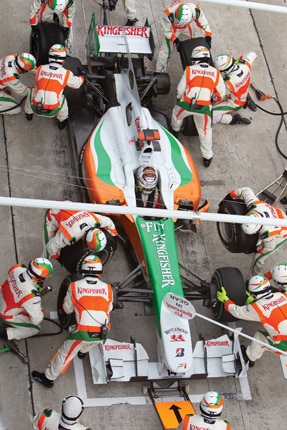German Adrian Sutil of Team Force India pitting for tires at the Petronas Formula 1 Grand Prix April 4 2010 in Sepang, Malaysia.