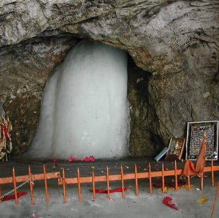 A lingam stalagmite at Amarnath in the western Himalayas forms every winter from ice dripping on the floor of a cave. An estimated 500,000 pilgrims flock to the shrine every year during Amarnath Yatra during July and August, undertaking a grueling 26 mile