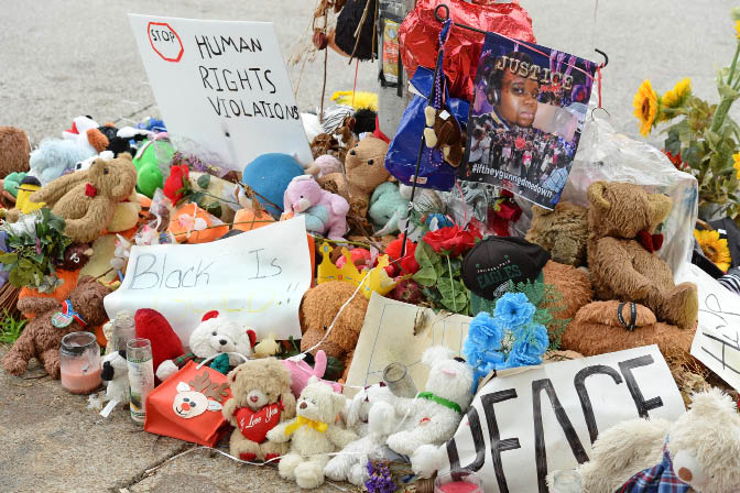 A makeshift memorial near where black teenager Michael Brown was shot to death by police in Ferguson, Missouri.