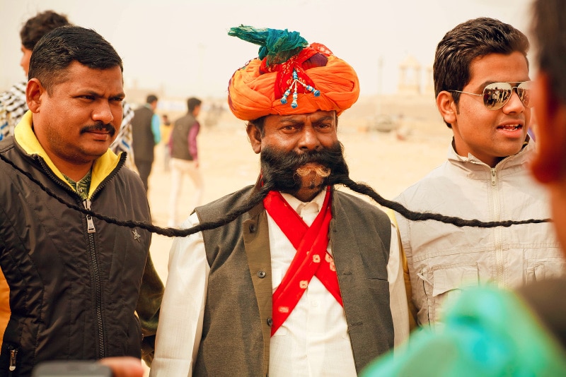 A man sports a mustache for the ages at the Desert Festival in Jaisalmer, Rajasthan