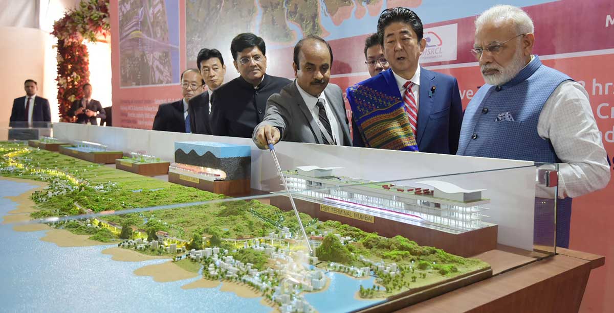 Prime Minister Narendra Modi and Japan Prime Minister Shinzo Abe at launch of Mumbai-Ahmedabad High Speed Rail Project, at Ahmedabad on Sept. 14, 2017.