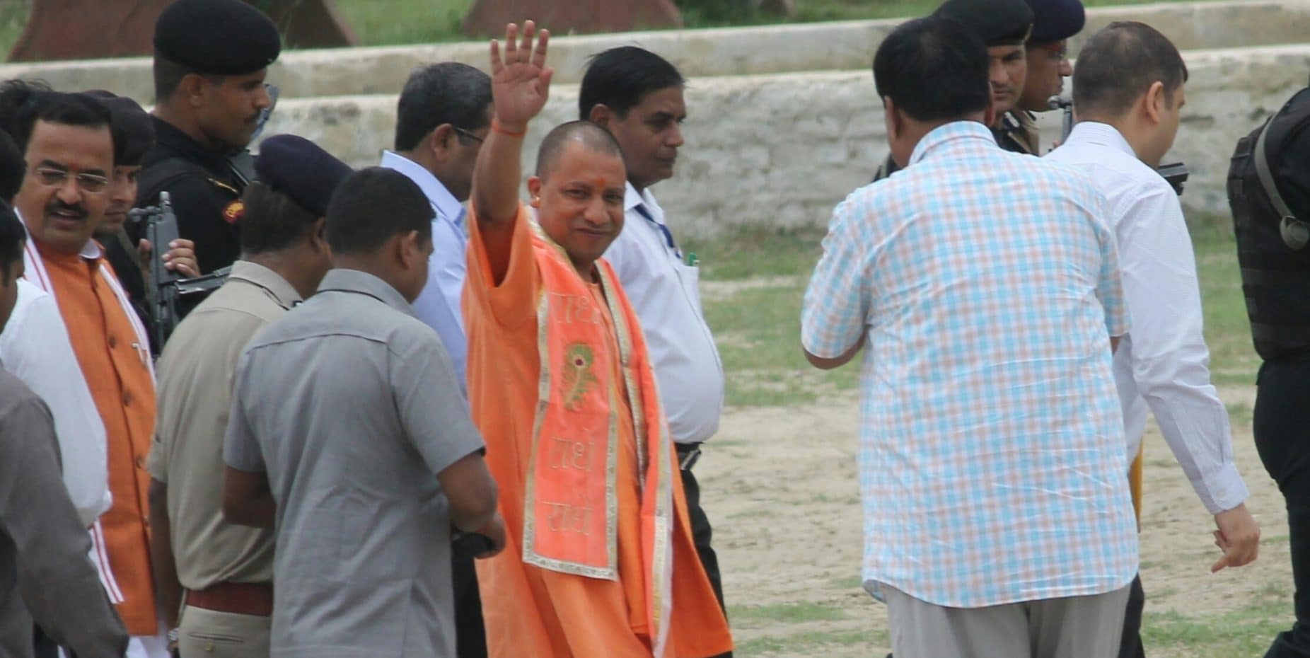 Uttar Pradesh Chief Minister Yogi Adityanath arrives to attend Rashtriya Swayamsevak Sangh's (RSS) annual coordination committee meeting in Vrindavan, Uttar Pradesh on Sept 2, 2017.