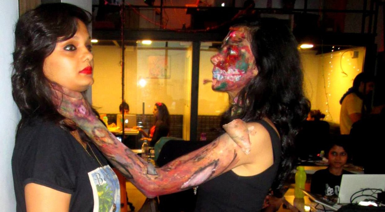 Aakanksha Bhattacharya (right) and Ishita Shelat at a Halloween party in Mumbai.