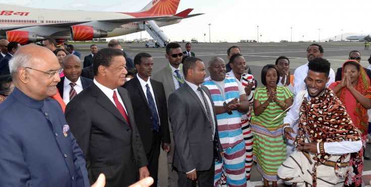 President Ram Nath Kovind being accorded ceremonial welcome at Addis Ababa Bole International Airport in Ethiopia on Oct 4, 2017.