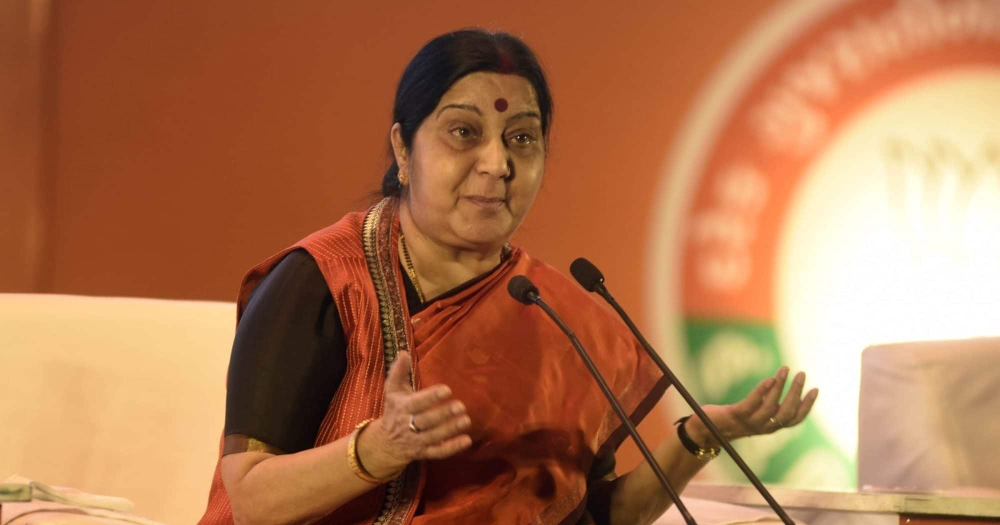 External Affairs Minister Sushma Swaraj addresses at a 'Mahila Town Hall' in Ahmedabad on Oct 14, 2017.