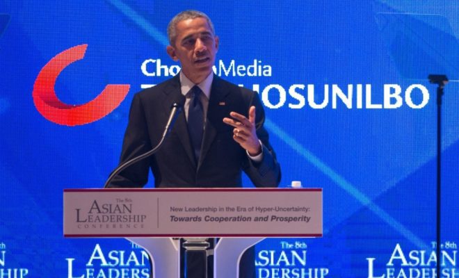 Former U.S. President Barack Obama gives a speech during a leadership conference at Seoul on July 3, 2017.