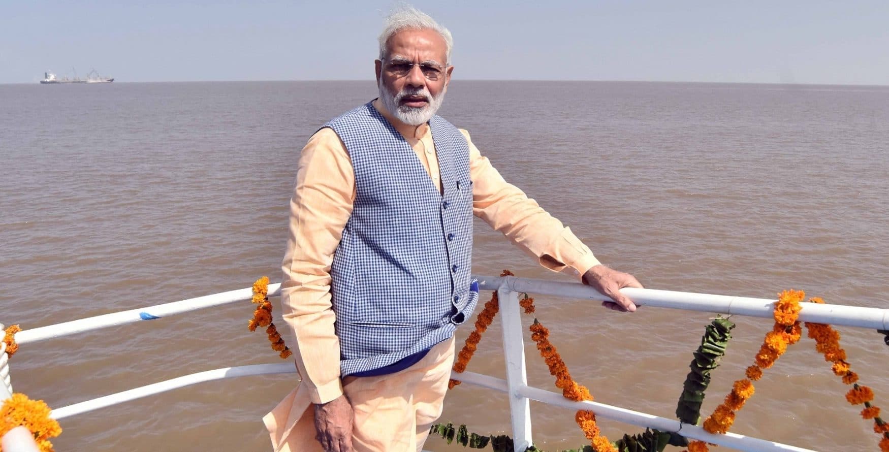 Prime Minister Narendra Modi on the maiden voyage of Ro-Ro ferry service between Ghogha and Dahej in Gujarat on Oct 22, 2017.