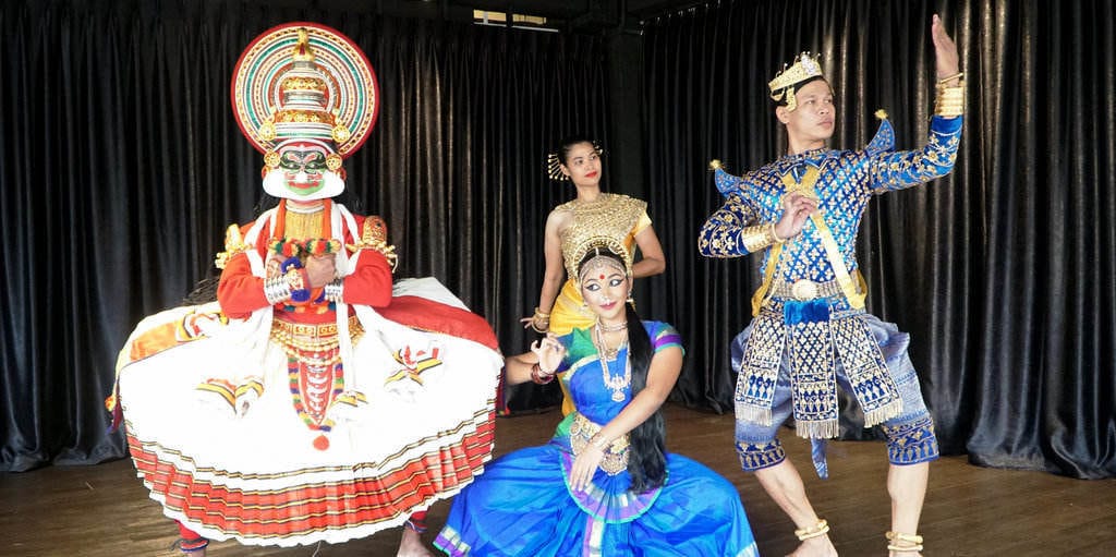 (From left) Kalamandalam Biju as Keechaka, Nam Narim as Urvashi, Sor Sophal as Arjuna, and and Malini Bhaskar (front) as Brihannala in a scene from the production.