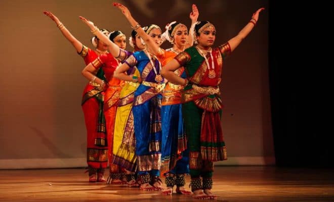 Students of Natyaloka School of Indian Dance during a performance at Dunedin in New Zealand