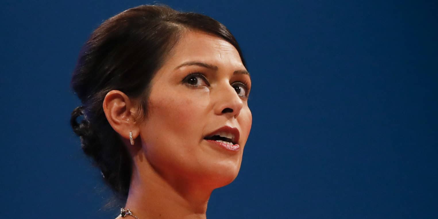 Priti Patel delivers her keynote speech during the Conservative Party Annual Conference 2017 in Manchester, Britain on Oct. 3, 2017.