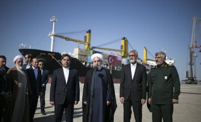Iran's President Hassan Rouhani (C) during the opening ceremony of Shahid Beheshti Port in Chabahar, Iran, on Dec. 3, 2017.