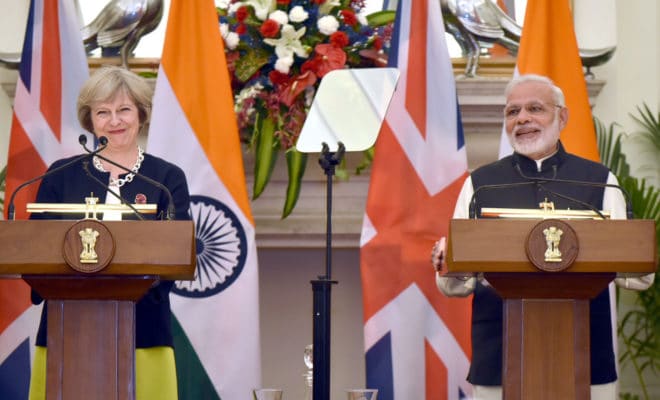 Indian Prime Ministe Narendra Modi with the Prime Minister of United Kingdom, Theresa May, at Hyderabad House, New Delhi, on November 07, 2016.
