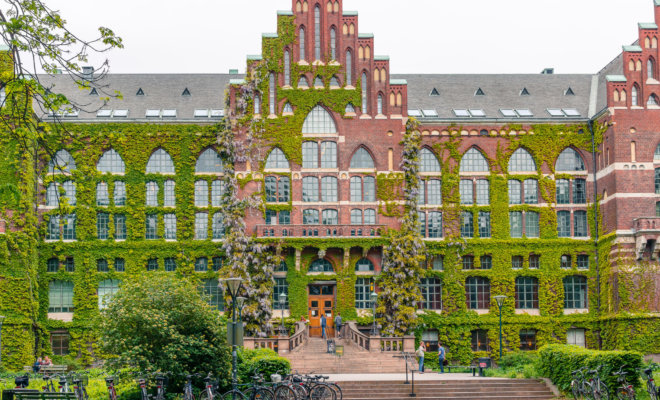 Facade of University Library in Lund, Sweden.