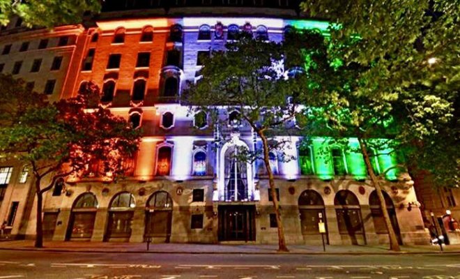 Indian High Commission in London lit up in tricolor on the occasion of Independence Day on Aug. 15, 2017.