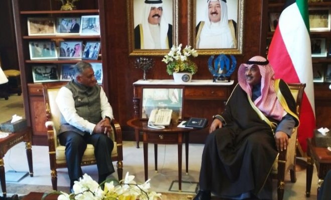 MoS External Affairs General (Retd.) VK Singh with Kuwait Deputy Prime Minister and Foreign Minister Sabah Al-Khalid Al-Sabah during a bilateral meeting in Kuwait City on Jan 12, 2018.