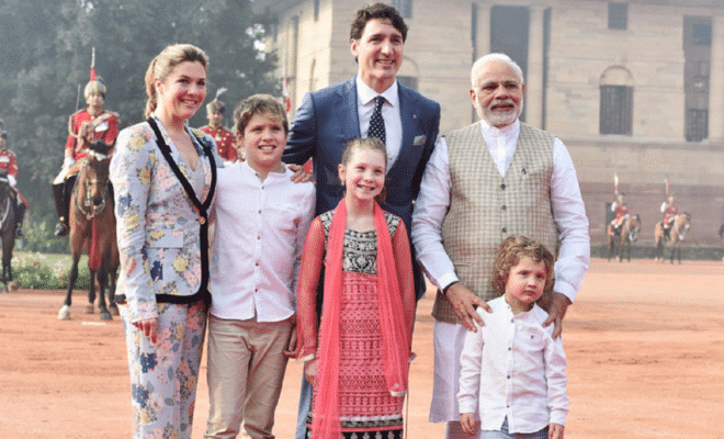PM Narendra Modi with Canadian PM Justin Trudeau and his family.