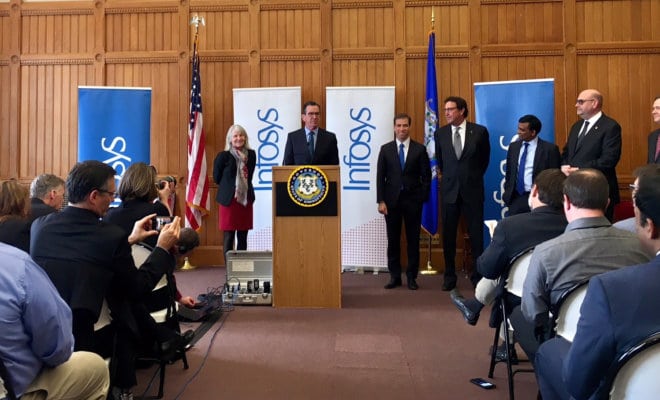Gov. Dannel P. Malloy announces establishment of Infosys Technology and Innovation hub in Hartford.