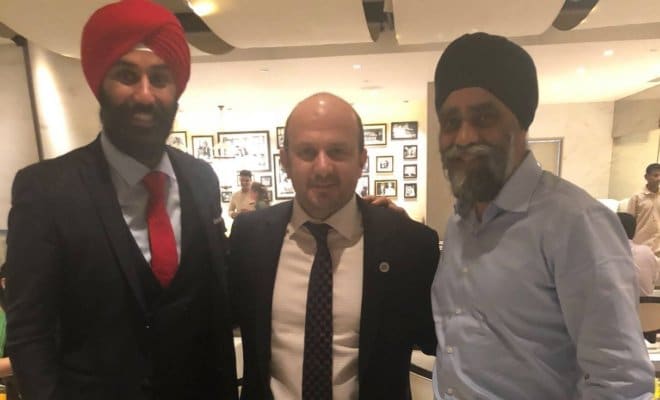 (From left) Raj Grewal, Yusuf Yenilmez, and Defence Minister Harjit Sajjan in Mumbai, February 2018.