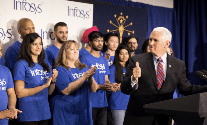 US Vice President Mike Pence at Infosys Indianapolis event on April 26, 2018.
