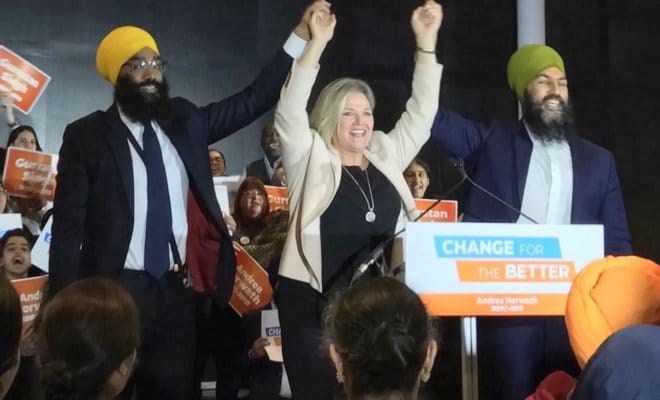 (From left) Gurratan Singh, NDP Ontario leader Andrea Horwath and NDP federal leader Jagmeet Singh.