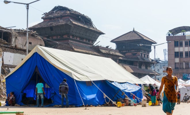 A makeshift campsite at Durbar Square in Kathmandu after two major earthquakes hit Nepal in April 2015.
