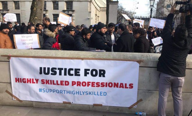 A protest by the group, Highly Skilled Migrants, on Jan. 30, 2018 in London.