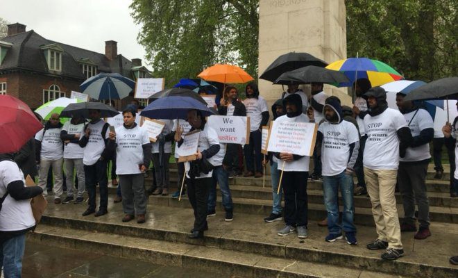 Protest opposite Parliament House in London against rejection of applications for permanent residency on May 2, 2018.