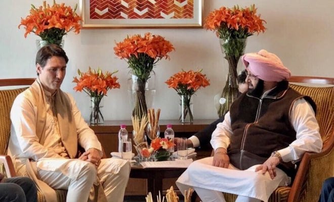 Canadian Prime Minister Justin Trudeau (Left) and Punjab Chief Minister Capt Amarinder Singh during their meeting in February in Amritsar.
