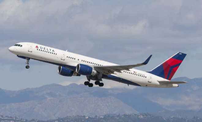 Delta Air Lines Boeing 757 taking off from Los Angeles International Airport.