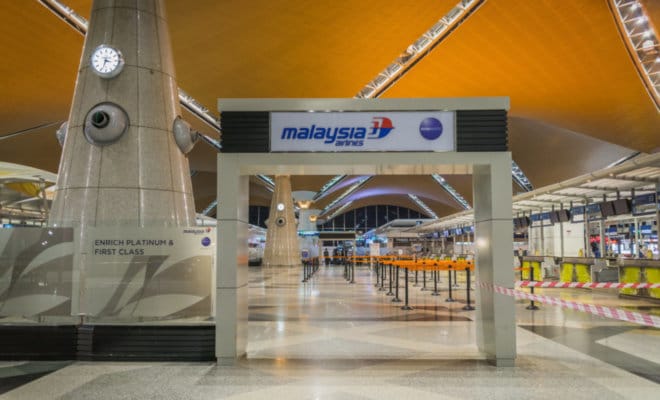 Malaysia Airlines check-in counter at Kuala Lumpur International Airport in Malaysia.