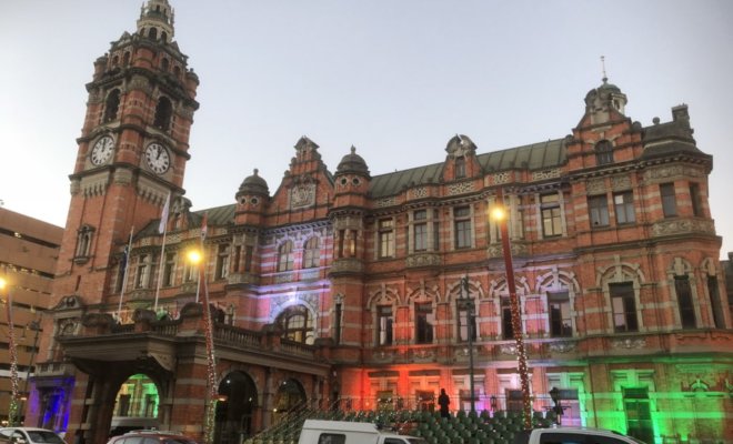 The City Hall of Pietermaritzburg in South Africa lit up for commemoration of Mahatma Gandhi's eviction from train in 1893.