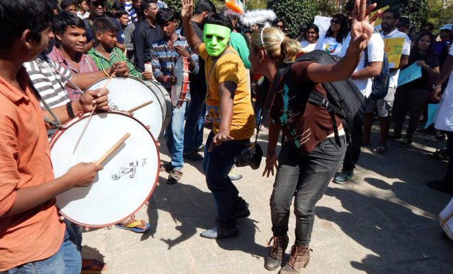 LGBT activist dancing in the march demanding equality during Queer Swabhimana Yatra 2017 on February 19,2017 in Hyderabad, India.