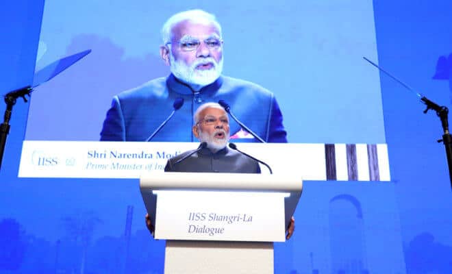 Narendra Modi, India's prime minister, delivers the keynote address during the IISS Shangri-La Dialogue Asia Security Summit in Singapore, on June 1, 2018.