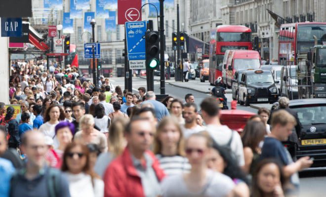 Crowd of people at Regent Street, London.