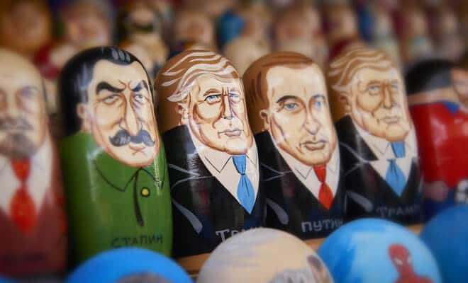 Russian matreshka dolls of Donald Trump, Vladimir Putin and other Russian autocrats.