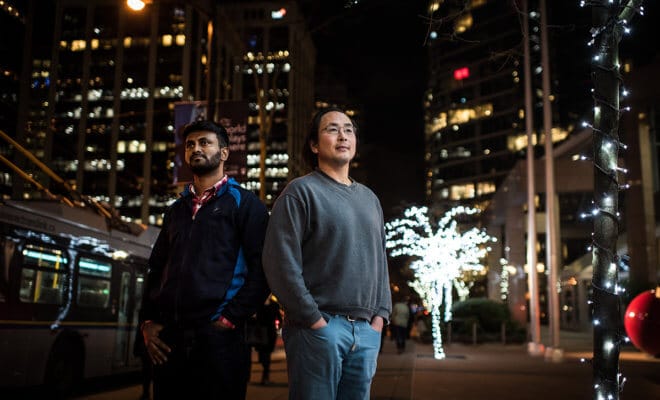 Manivannan Gajendran, left, and Eric Hsu, former employees with Istuary Innovation Group, a Vancouver-based tech startup that stopped paying employees in May 2017 and has since closed its offices, in Toronto, Dec. 15, 2017.