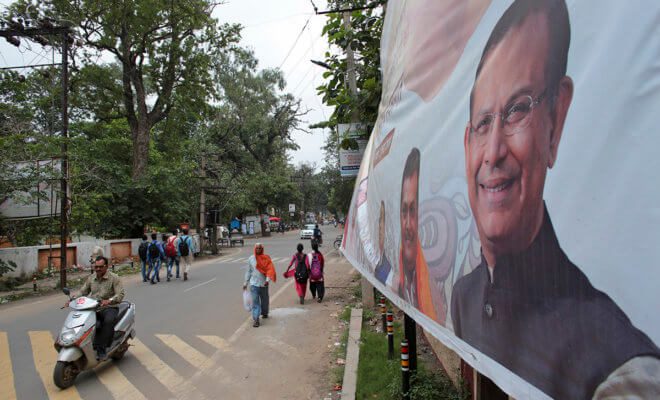 A political poster features an image of Hindu politician Jayant Sinha in Hazaribagh, India, July 14, 2018.