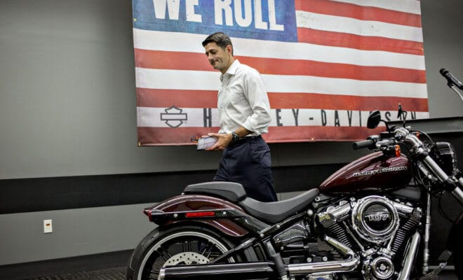 House Speaker Paul Ryan, a Republican from Wisconsin, at the Harley-Davidson Inc. facility in Menomonee Falls, Wisconsin, on Sept. 18, 2017.