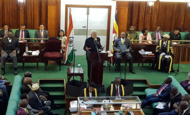 Indian Prime Minister Narendra Modi during his speech at the parliament in Uganda on July 25, 2018.