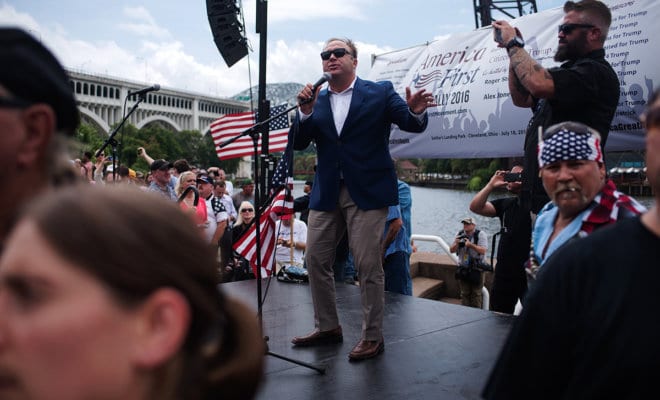 Alex Jones speaks at a pro-Trump Rally in Cleveland during the Republican National Convention, July 18, 2016.