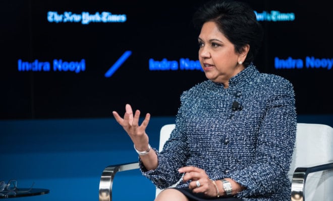 Indra Nooyi, chief executive of PepsiCo, during a Dealbook conference in New York, Nov. 10, 2016.