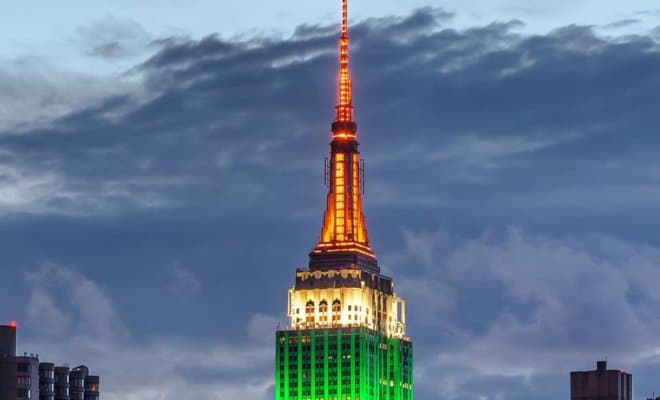 Empire State Building lit up in colors of the Indian flag on Aug. 15, 2018
