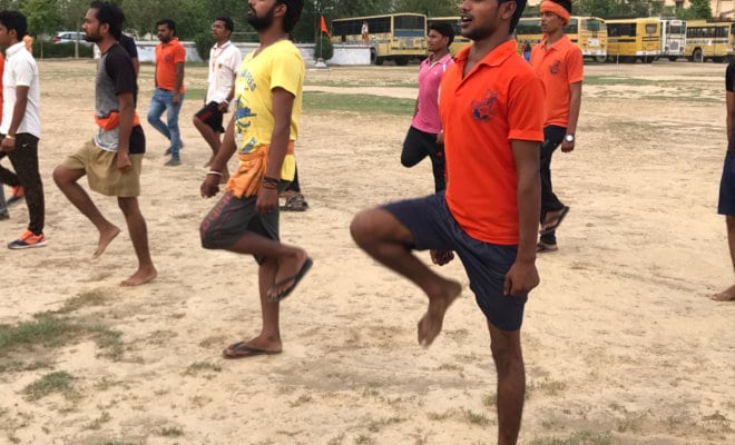 Hindu activists do military marching drills at a leadership camp in Govardhan, India, in June.