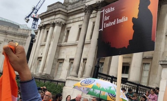 India supporters protest against Sikh separatists on Aug. 12 in London.