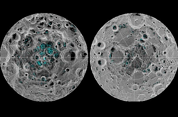 Distribution of surface ice at the Moon’s south pole (left) and north pole (right), detected by NASA’s Moon Mineralogy Mapper instrument aboard the Chandrayaan-1. Blue represents the ice locations, plotted over an image of the lunar surface, where the gray scale corresponds to surface temperature (darker representing colder areas and lighter shades indicating warmer zones).