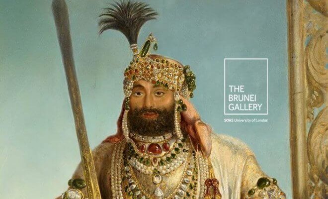 Maharaja Sher Singh wearing the Koh-i-noor diamond and Timur ruby. Oil on panel by August Theodor Schoefft. Circa 1841-42 © Toor Collection.