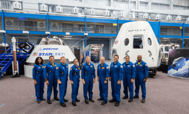 (From left) Sunita Williams, Josh Cassada, Eric Boe, Nicole Mann, Christopher Ferguson, Douglas Hurley, Robert Behnken, Michael Hopkins and Victor Glover.
