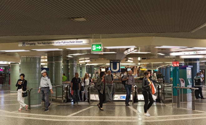 Passengers at Hauptwache subway station, Frankfurt on Main, Germany.