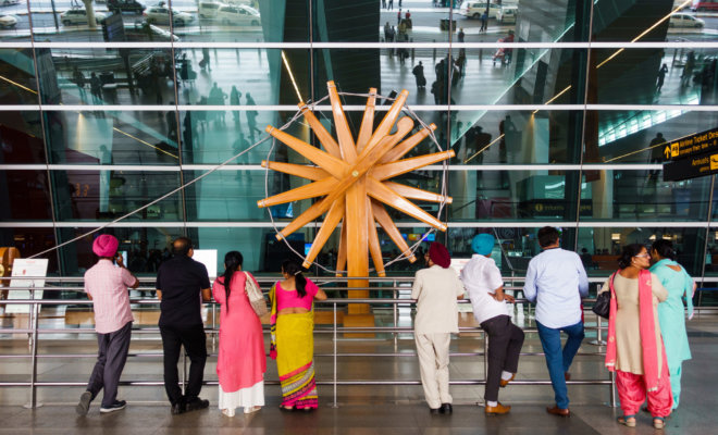 The world's largest charkha (spinning wheel) at Indira Gandhi International Airport, New Delhi.